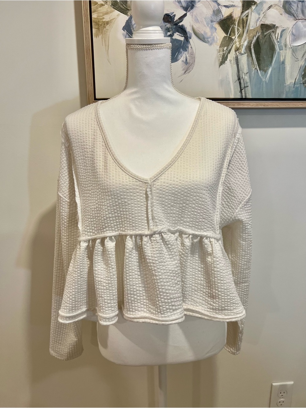 Altar'd State Cream Waffle Knit Cropped Peplum Long Sleeve Size M